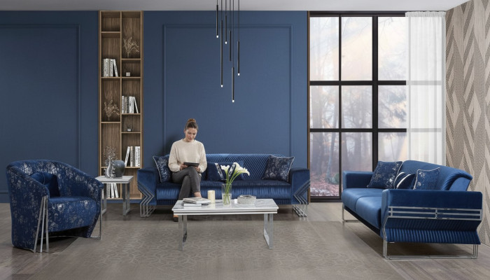 Sala de estar Juego de sofás azules Diseñador sofá de tres plazas Sillón Mesa de centro