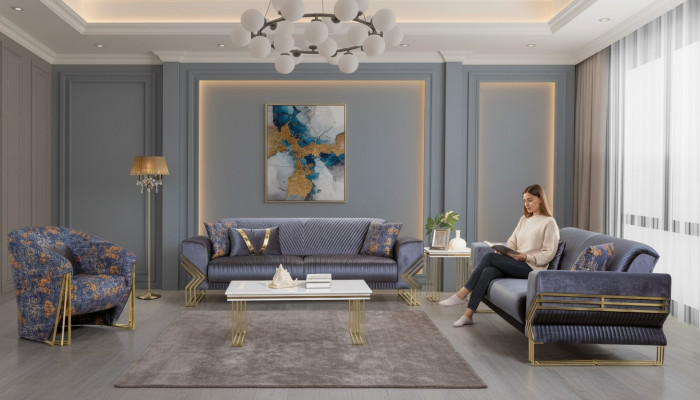 Salón azul claro conjunto de diseñador de 3 plazas Sillón de lujo Mesa de centro