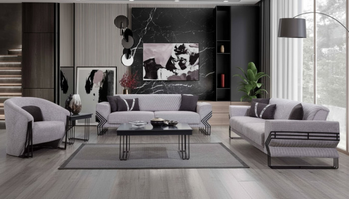 Conjunto de sofás gris claro. Modernos x2 sofás tapizados. Sillones de diseñador. Mesas.