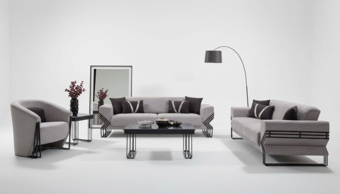 Conjunto de sofás gris claro. Modernos x2 sofás tapizados. Sillones de diseñador. Mesas.