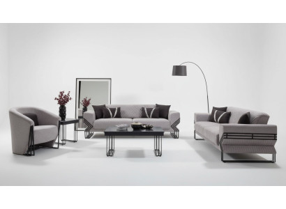 Conjunto de sofás gris claro. Modernos x2 sofás tapizados. Sillones de diseñador. Mesas.