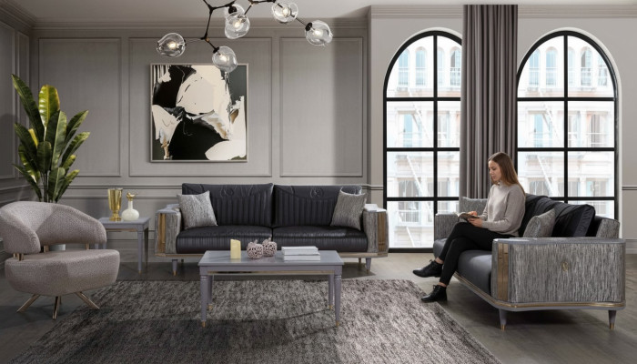 Conjunto de sala de estar gris, sofás de diseñador, mesa de centro de lujo y mesa auxiliar.
