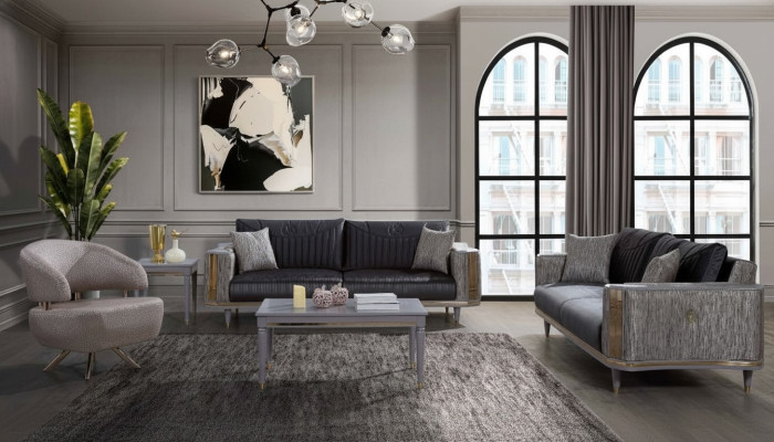Conjunto de sala de estar gris, sofás de diseñador, mesa de centro de lujo y mesa auxiliar.