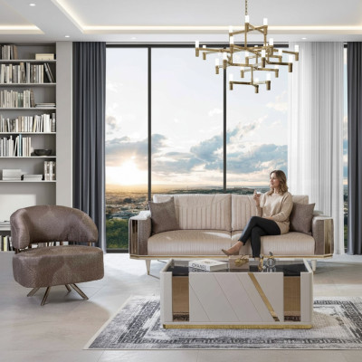 Moderno conjunto de sala de estar, diseñador, tresillo beige, sillón, mesa de centro.