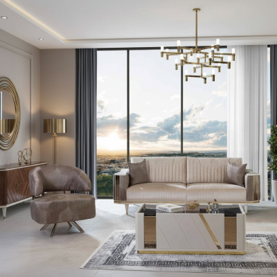 Moderno conjunto de sala de estar, diseñador, tresillo beige, sillón, mesa de centro.