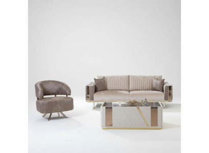 Moderno conjunto de sala de estar, diseñador, tresillo beige, sillón, mesa de centro.