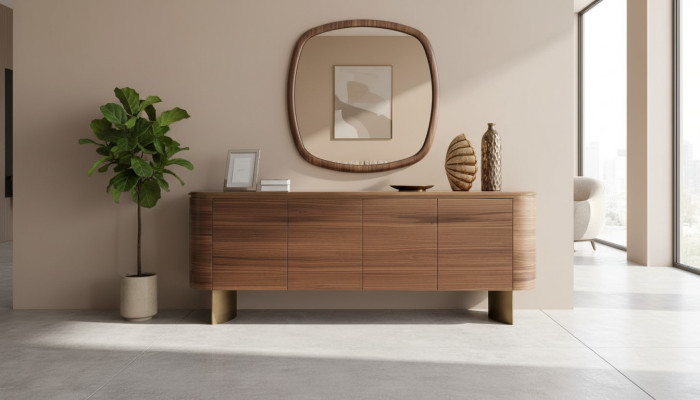Cómoda marrón moderna con 4 puertas, aparador de diseñador con espejo.