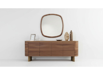 Cómoda marrón moderna con 4 puertas, aparador de diseñador con espejo.