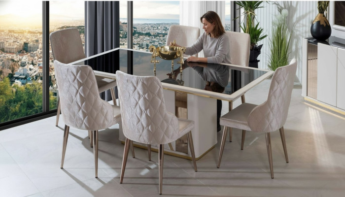 Conjunto de comedor exclusivo Mesa de vidrio noble Sillas tapizadas de diseñador 7 piezas