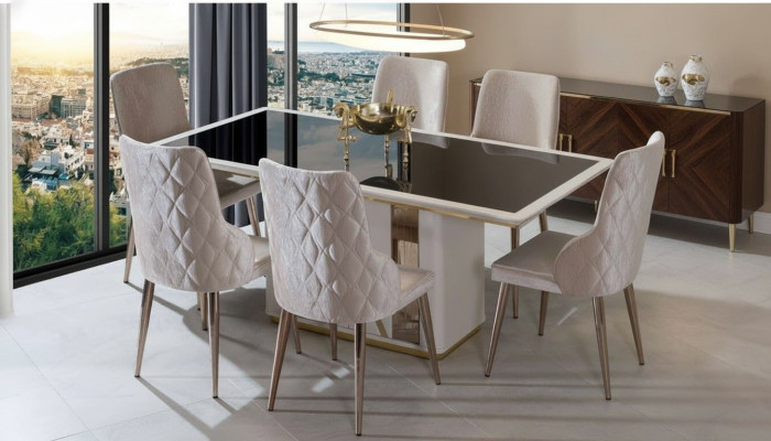 Conjunto de comedor exclusivo Mesa de vidrio noble Sillas tapizadas de diseñador 7 piezas