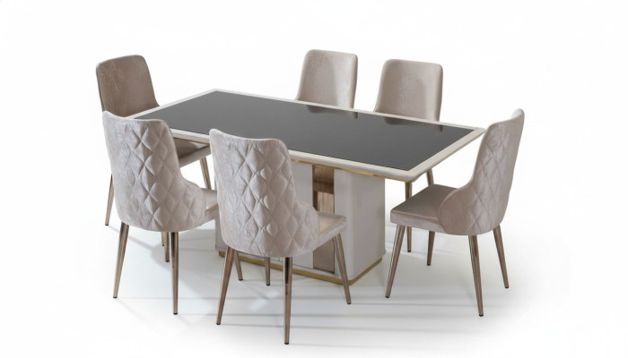 Conjunto de comedor exclusivo Mesa de vidrio noble Sillas tapizadas de diseñador 7 piezas