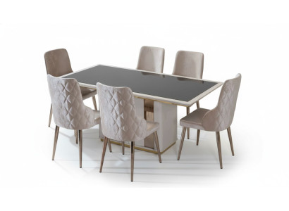 Conjunto de comedor exclusivo Mesa de vidrio noble Sillas tapizadas de diseñador 7 piezas