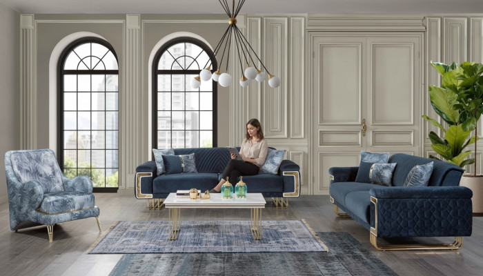 Conjunto de muebles modernos de acero inoxidable, sofá, mesa de centro, sillón, muebles tapizados, juego de 4 piezas.
