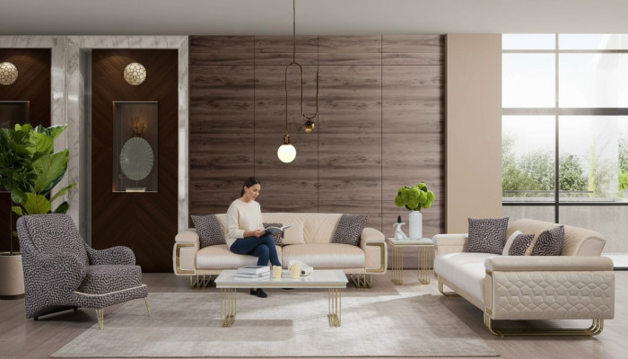 Sofá de tres plazas de lujo para sala de estar diseño, mesa de centro, mesa auxiliar
