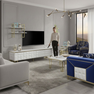 Elegante conjunto de pared de sala de estar, estante de acero inoxidable diseñado, gabinete de TV moderno
