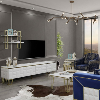 Elegante conjunto de pared de sala de estar, estante de acero inoxidable diseñado, gabinete de TV moderno