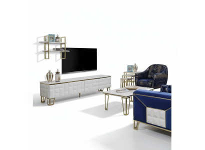 Elegante conjunto de pared de sala de estar, estante de acero inoxidable diseñado, gabinete de TV moderno