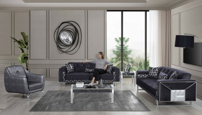 Sala de estar en gris y negro, set de sofás de diseñador con mesa auxiliar, 5 piezas.