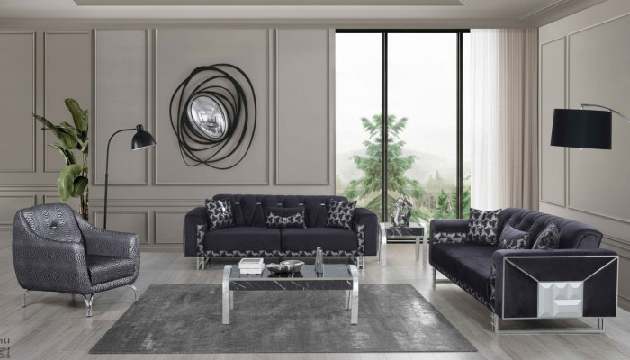 Sala de estar en gris y negro, set de sofás de diseñador con mesa auxiliar, 5 piezas.