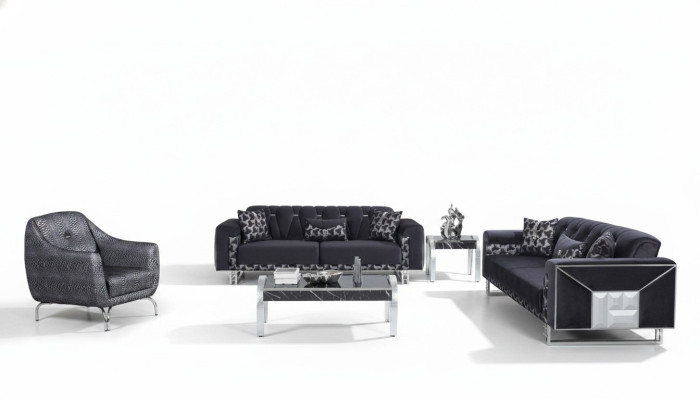 Sala de estar en gris y negro, set de sofás de diseñador con mesa auxiliar, 5 piezas.