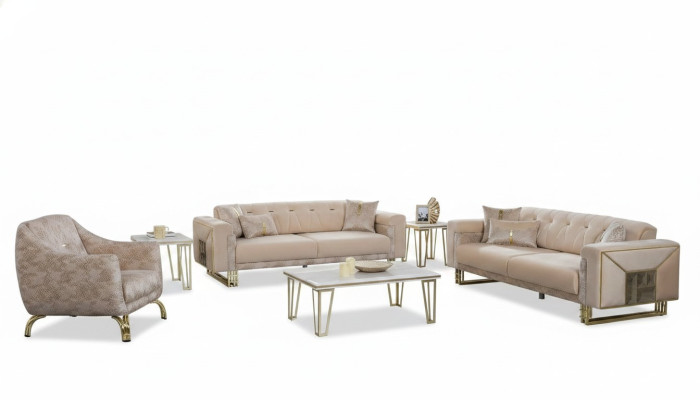 Conjunto completo de sala de estar en beige, con sofás de lujo, sillón y mesa de centro.