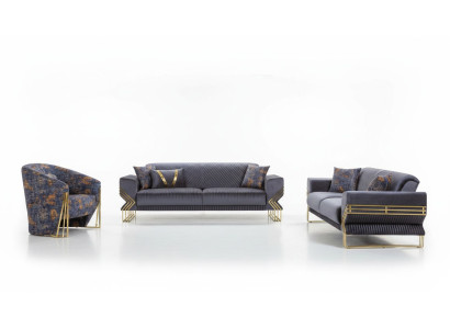 Lujo gris Chesterfield sofá conjunto de sala de estar de 3 plazas de tela sillón.