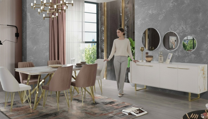 Muebles de comedor exclusivos de diseñador de acero inoxidable, juego de mesa y sillas.