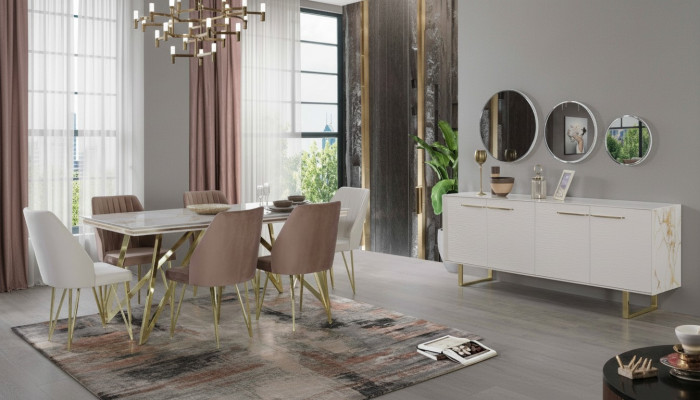 Muebles de comedor exclusivos de diseñador de acero inoxidable, juego de mesa y sillas.