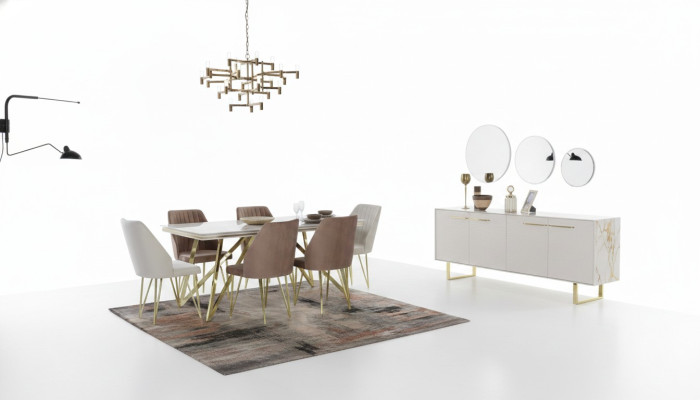 Muebles de comedor exclusivos de diseñador de acero inoxidable, juego de mesa y sillas.