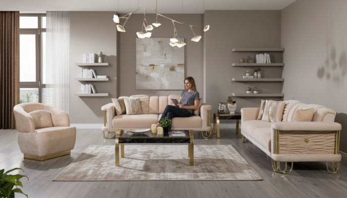 Sala de estar Conjunto de sofás en beige Sofá de tres plazas Sillón de diseñador Grupo