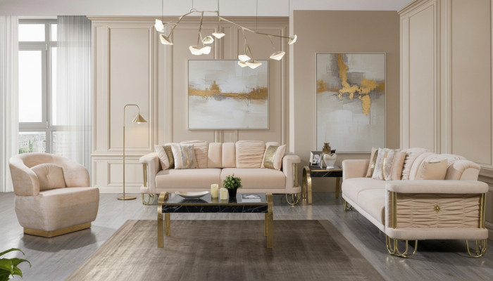 Sala de estar Conjunto de sofás en beige Sofá de tres plazas Sillón de diseñador Grupo