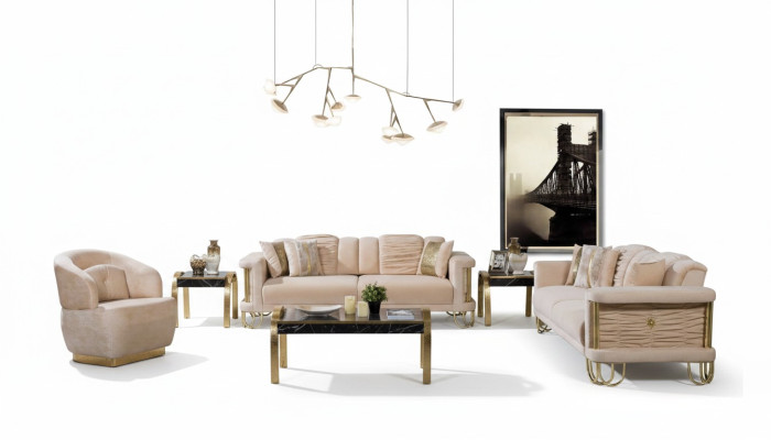 Sala de estar Conjunto de sofás en beige Sofá de tres plazas Sillón de diseñador Grupo