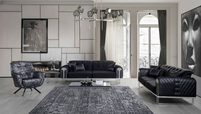 Conjunto de sala de estar en gris y negro de 3 piezas con sofá de 3 plazas y sillón.