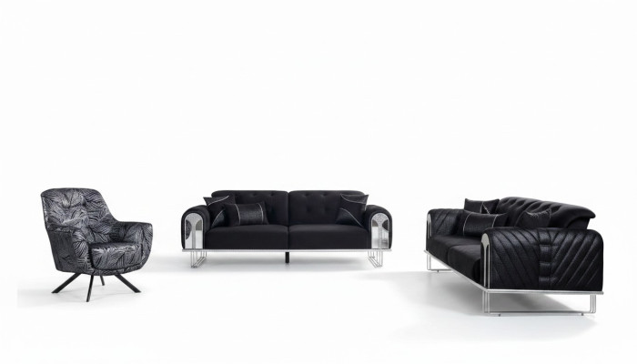 Conjunto de sala de estar en gris y negro de 3 piezas con sofá de 3 plazas y sillón.