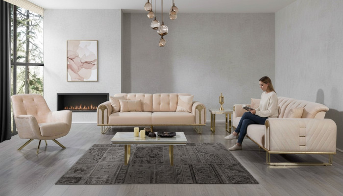 Moderno conjunto de sofás beige para la sala de estar x2 con 3 plazas cada uno y 3 sillones tapizados.