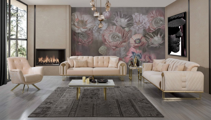 Moderno conjunto de sofás beige para la sala de estar x2 con 3 plazas cada uno y 3 sillones tapizados.