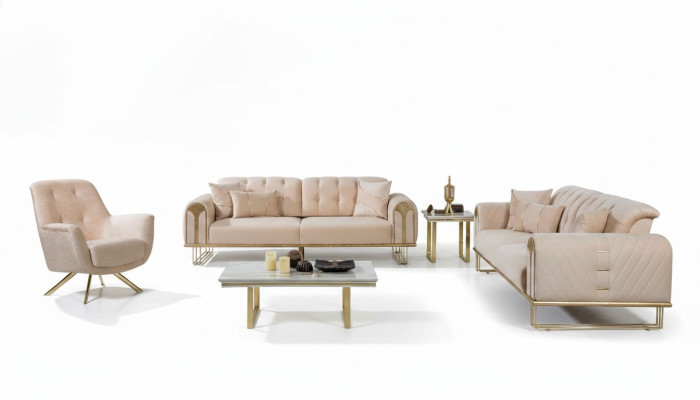 Moderno conjunto de sofás beige para la sala de estar x2 con 3 plazas cada uno y 3 sillones tapizados.