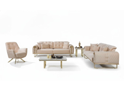 Moderno conjunto de sofás beige para la sala de estar x2 con 3 plazas cada uno y 3 sillones tapizados.
