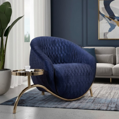 Sillón de relajación azul diseñador, mesa auxiliar de un solo asiento, diseño de lujo.