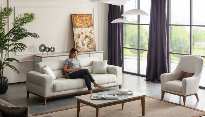 Conjunto de sofás para sala de estar, sofá de tres plazas, sillón, set de sofá de lujo 3+1 plazas blanco.