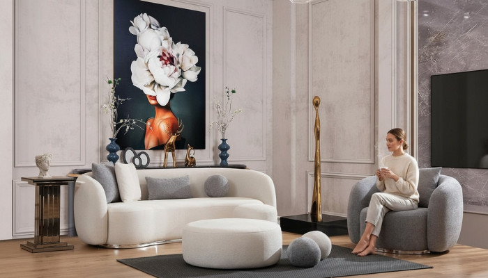 Conjunto de sofá moderno 3+1 plazas con taburete, completo para salón.
