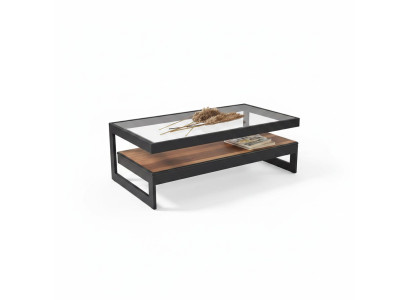 Mesa de centro de madera de diseñador, mesa de vidrio de salón, mesa auxiliar de salón.