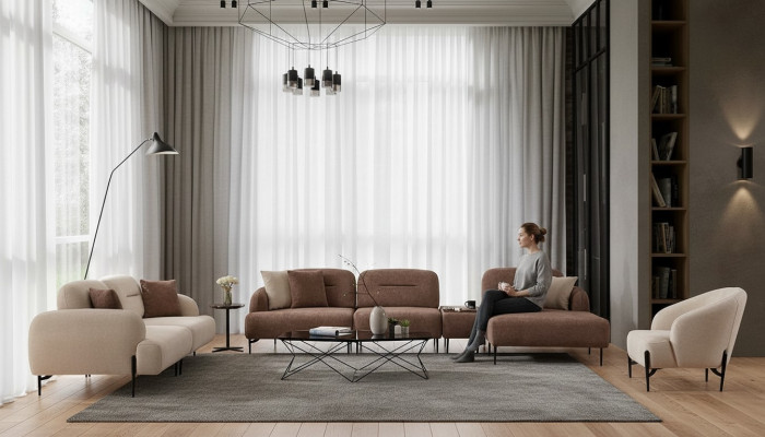 Moderno conjunto de sofás marrón y blanco de 3 plazas, sillón de tela en forma de L, sofá de esquina.