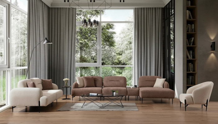 Moderno conjunto de sofás marrón y blanco de 3 plazas, sillón de tela en forma de L, sofá de esquina.
