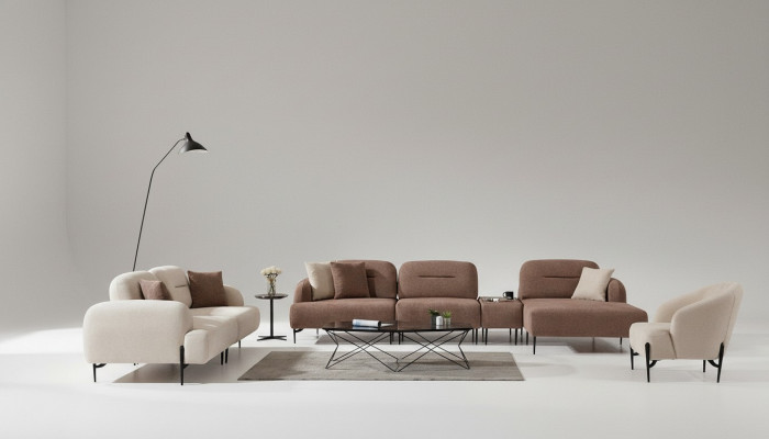 Moderno conjunto de sofás marrón y blanco de 3 plazas, sillón de tela en forma de L, sofá de esquina.