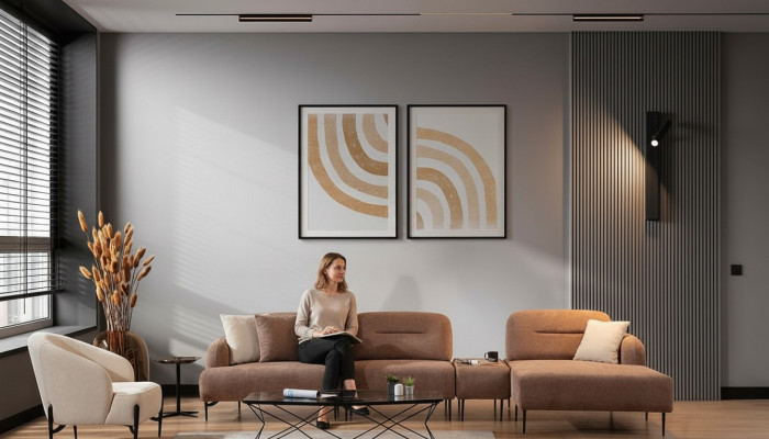 Conjunto de sofá de esquina de sala de estar marrón-beige, sofá seccional, sillón de 2 piezas.
