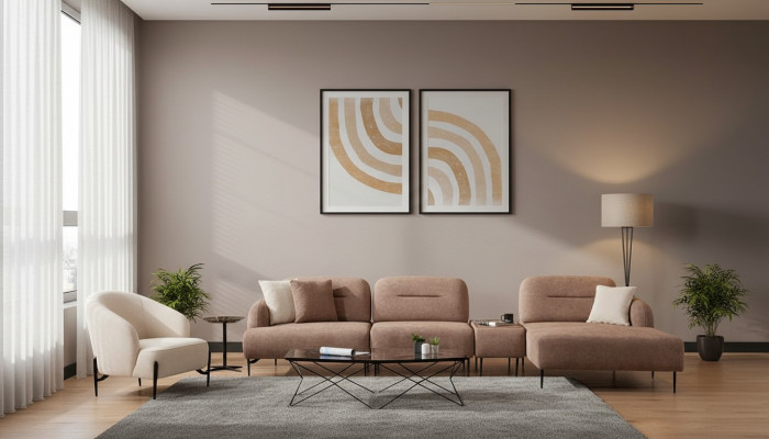 Conjunto de sofá de esquina de sala de estar marrón-beige, sofá seccional, sillón de 2 piezas.