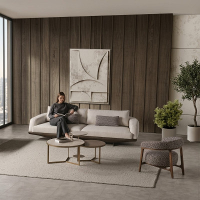 Conjunto de asientos para sala de estar Sofá gris en forma de L Reposapiés marrón Muebles de lujo
