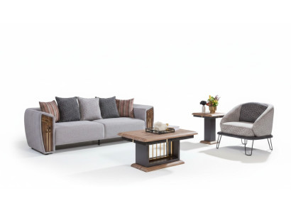 Sofá gris robusto de tres plazas con tapizado de tela y sillón conjunto de sofá.