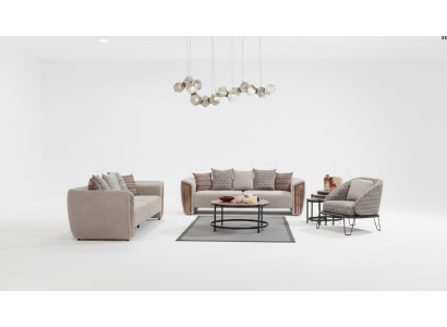 Sala de estar beige juego de sofás tapizados, tres plazas y sillón en textil.